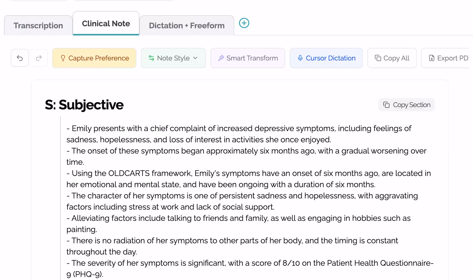 Clinical notes from the visit