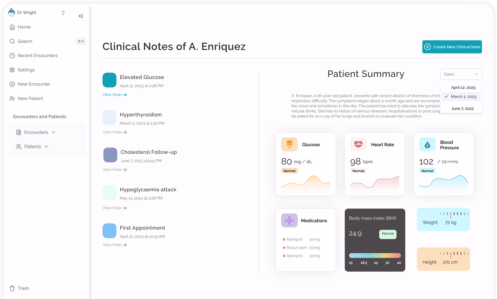 Comprehensive patient dashboard showing medical history and notes